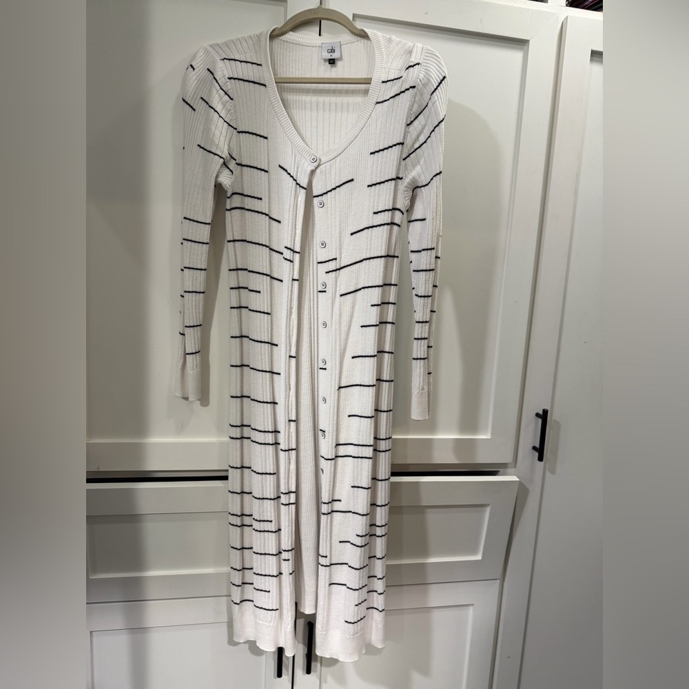 CAbi White Ribbed Knit Dashes Sweater